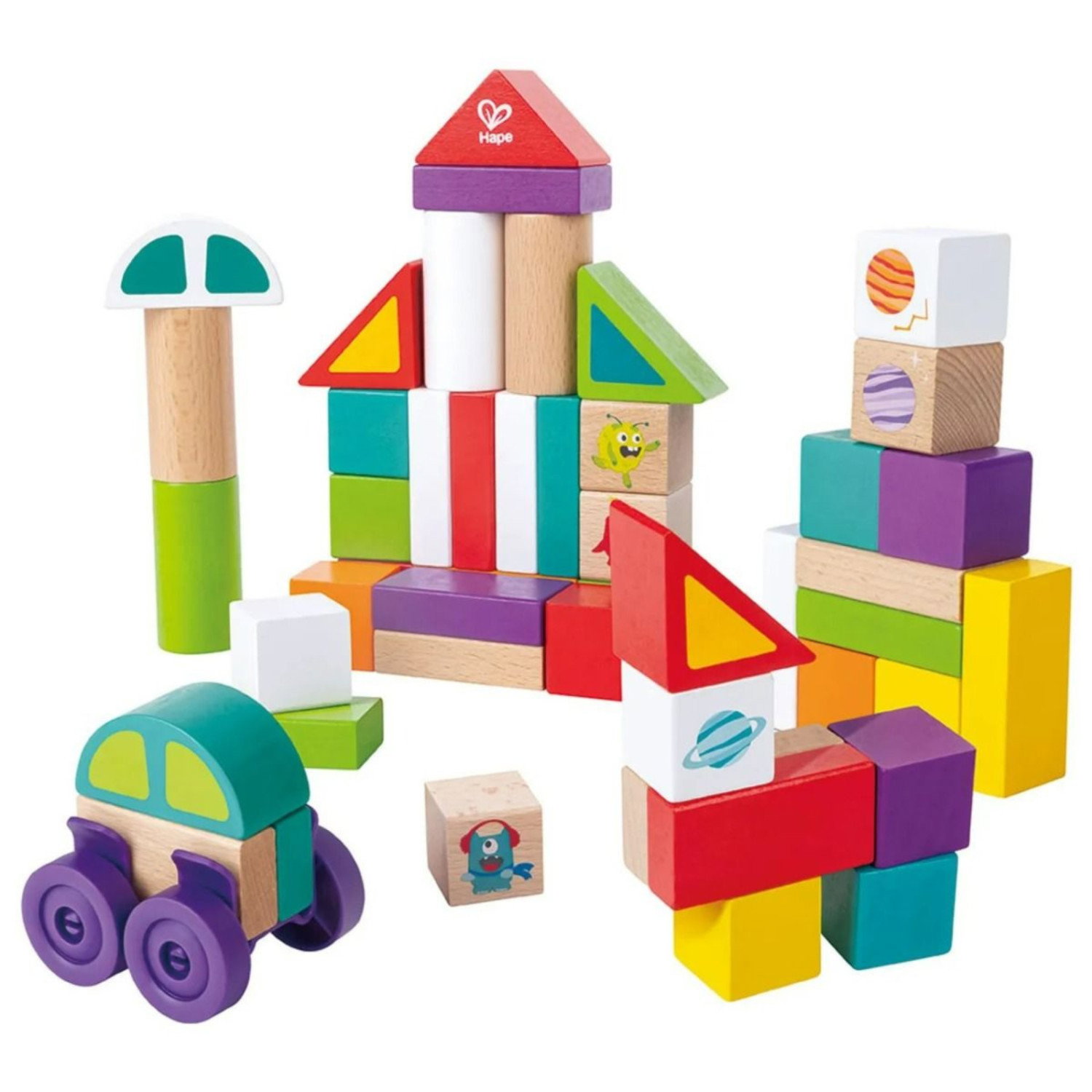 Дървен конструктор Космически чудовища, 50 части, Hape
