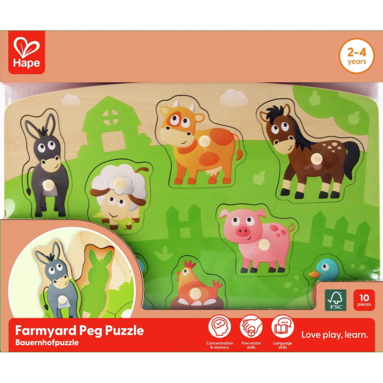 Дървен пъзел с дръжки Домашни животни, Hape