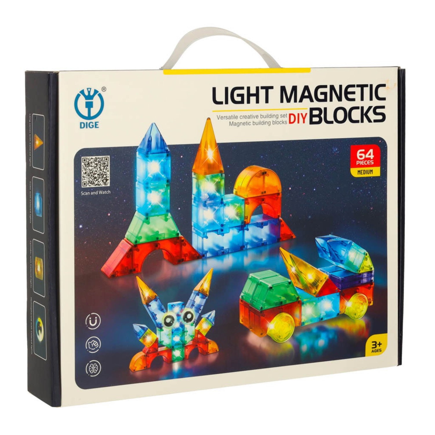 Магнитен 3D конструктор със светещи LED елементи, 64 части