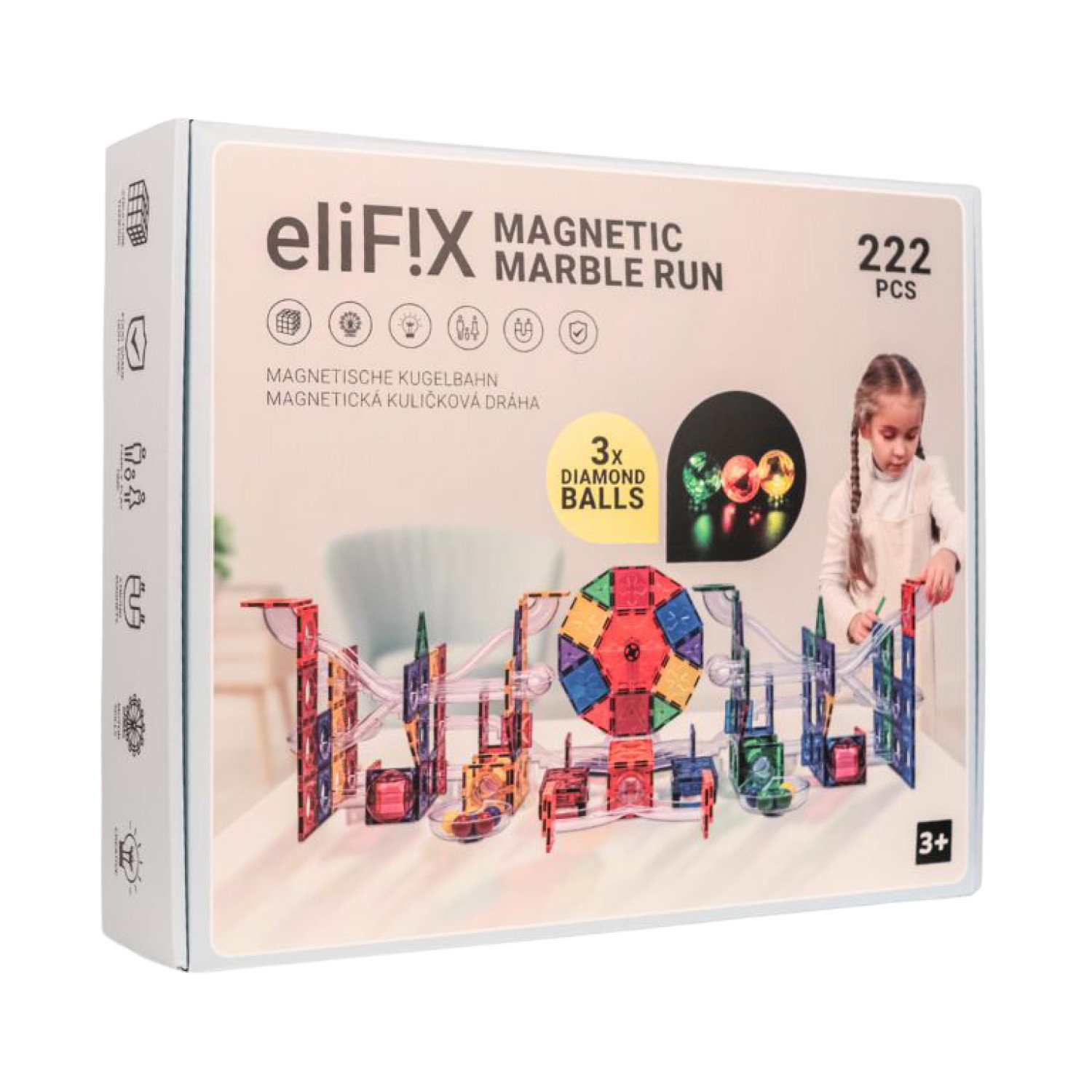 Магнитен конструктор EliFix Fresh – писта с топчета, 222 части + светещи топчета