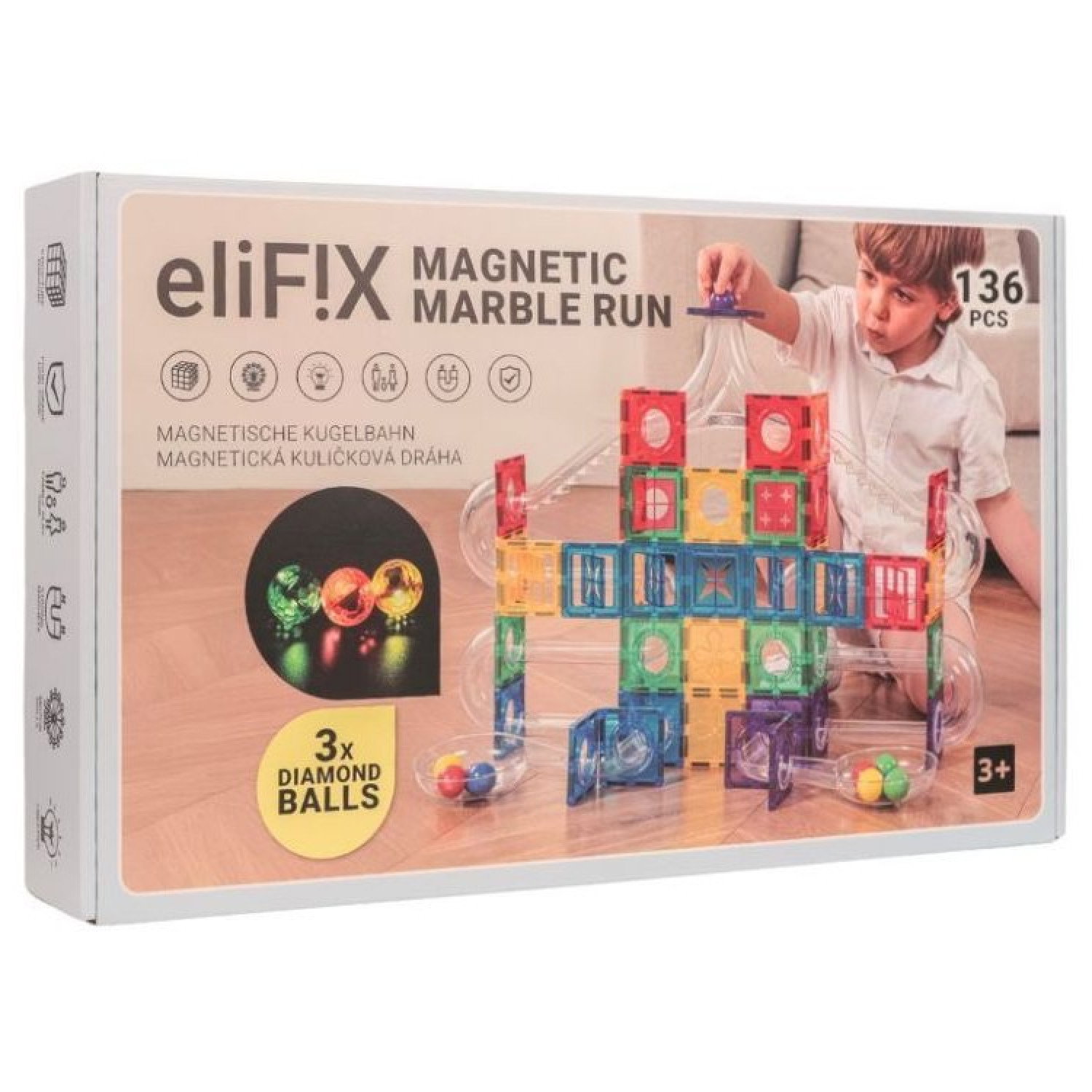 Магнитен конструктор EliFix с тунели – 136 части + светещи топчета